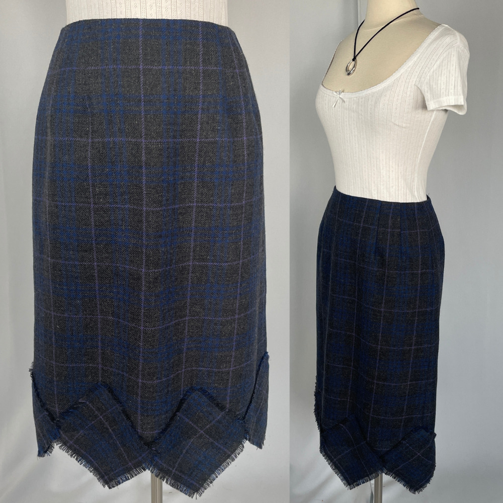 Vintage Midi Skirt Size 8 Grey Blue Plaid Tartan Wool Asymmetrical Academia 90s - Picture 14 of 14